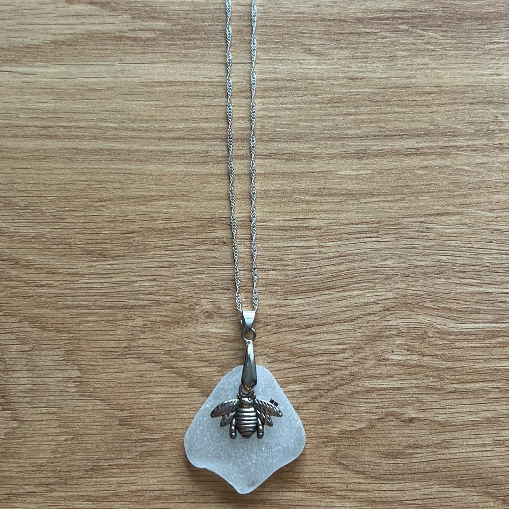 Sea Glass Necklace clear with Bee Charm